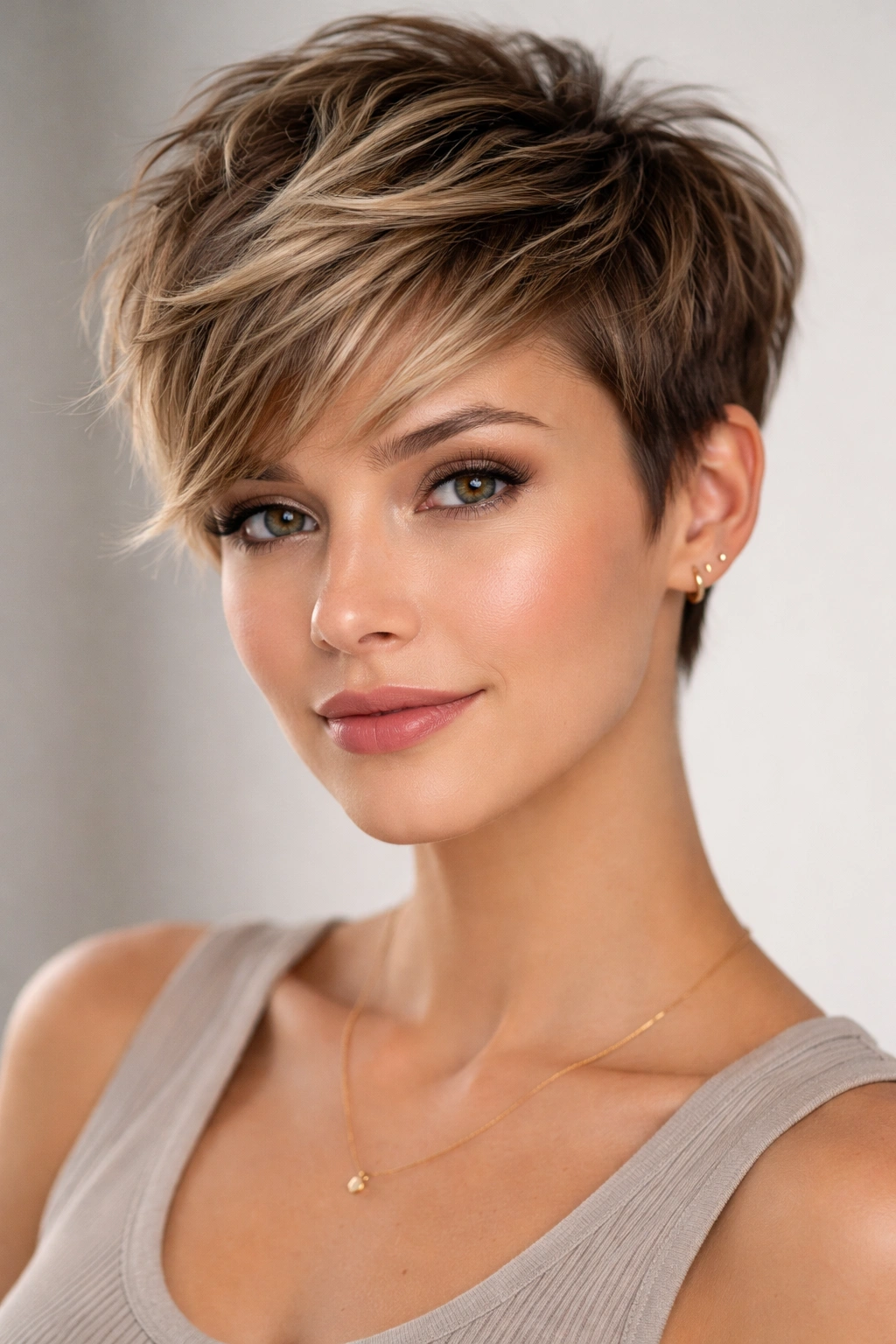 Portrait of a layered pixie with longer top showing defined texture
