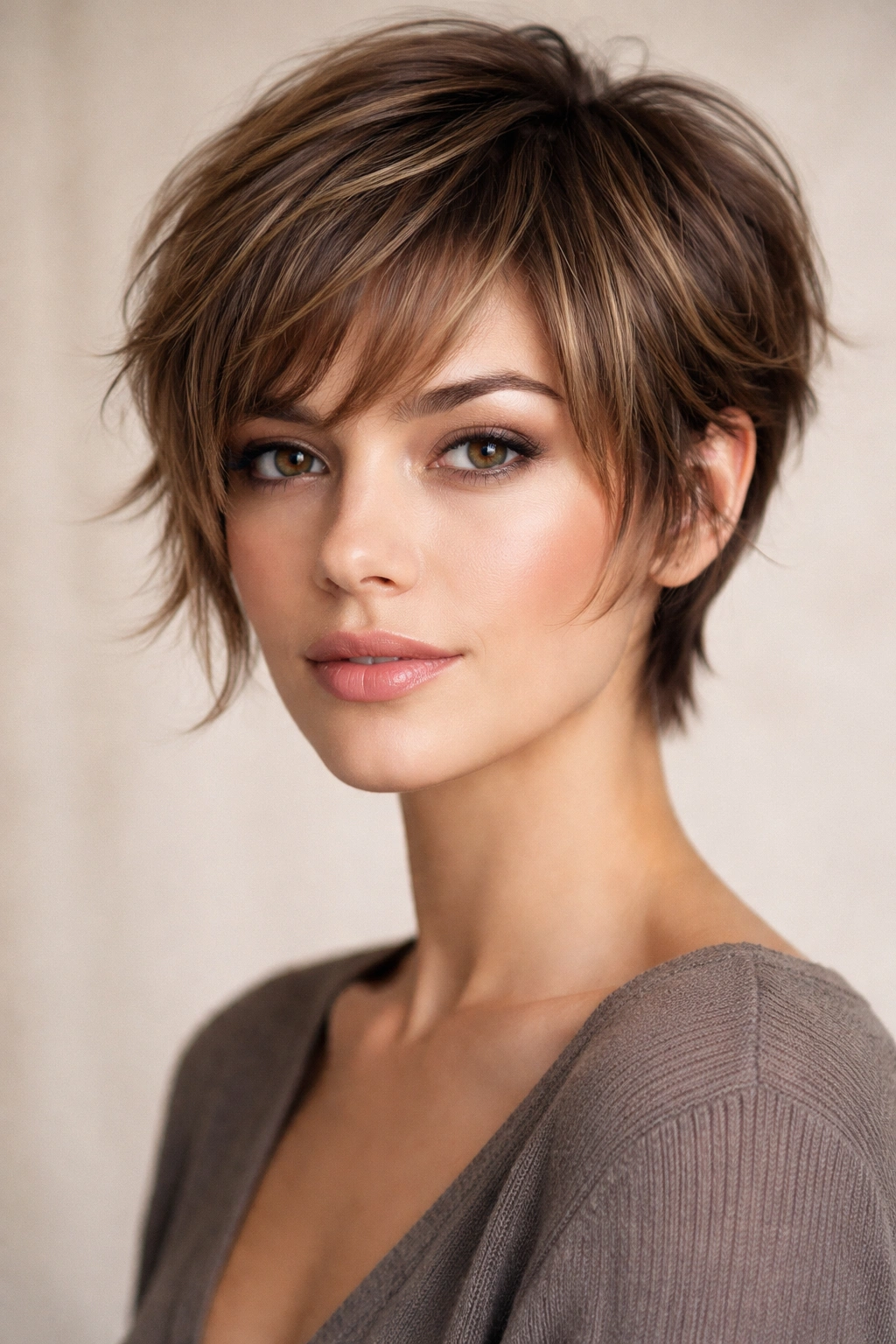 Close-up of a layered pixie with wispy bangs and face-framing temple pieces.