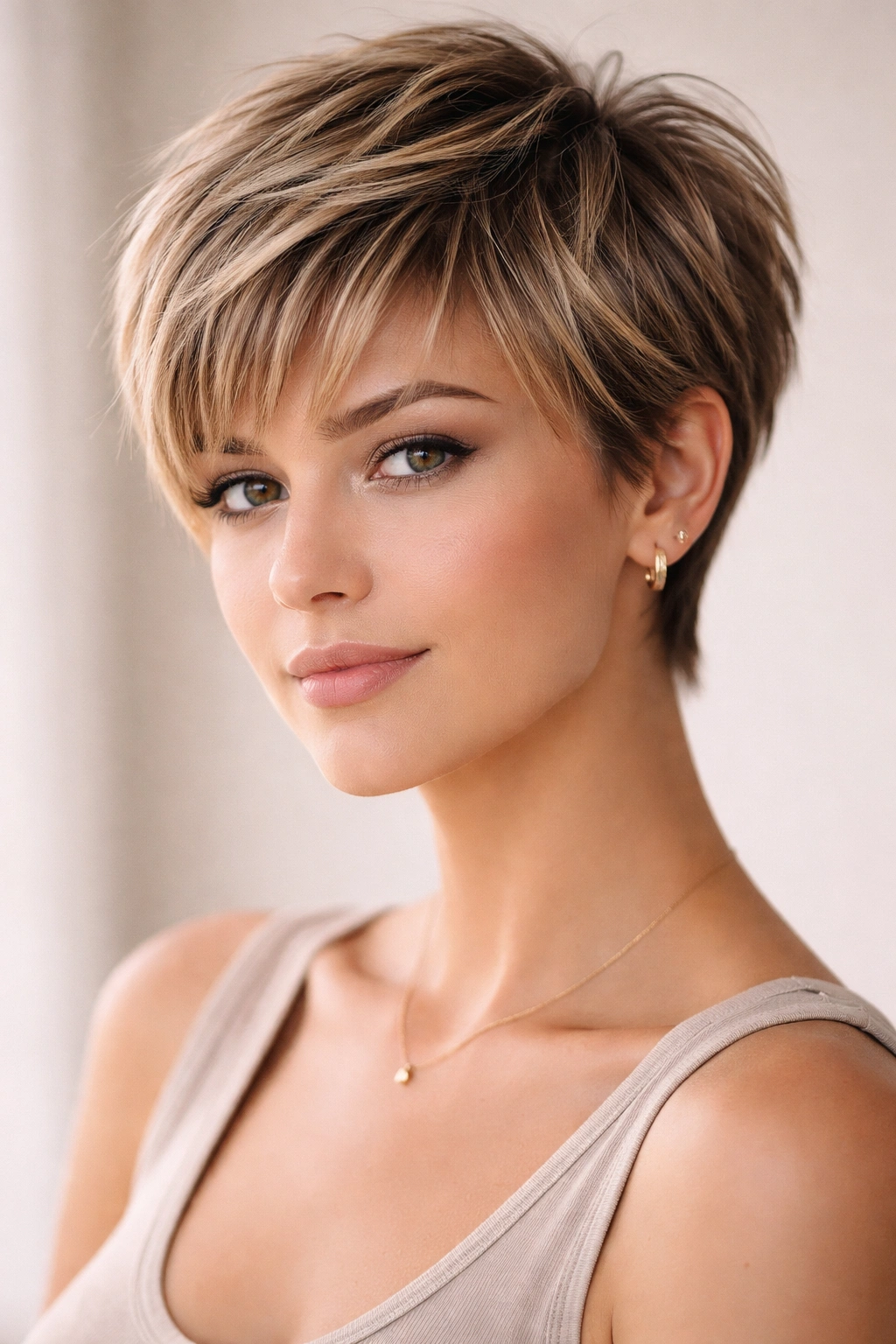 18 Pixie Cuts With Bangs For Any Face Shape 9 Portrait of The Layered Pixie with Wispy Bangs with layered crown and wispy bangs.