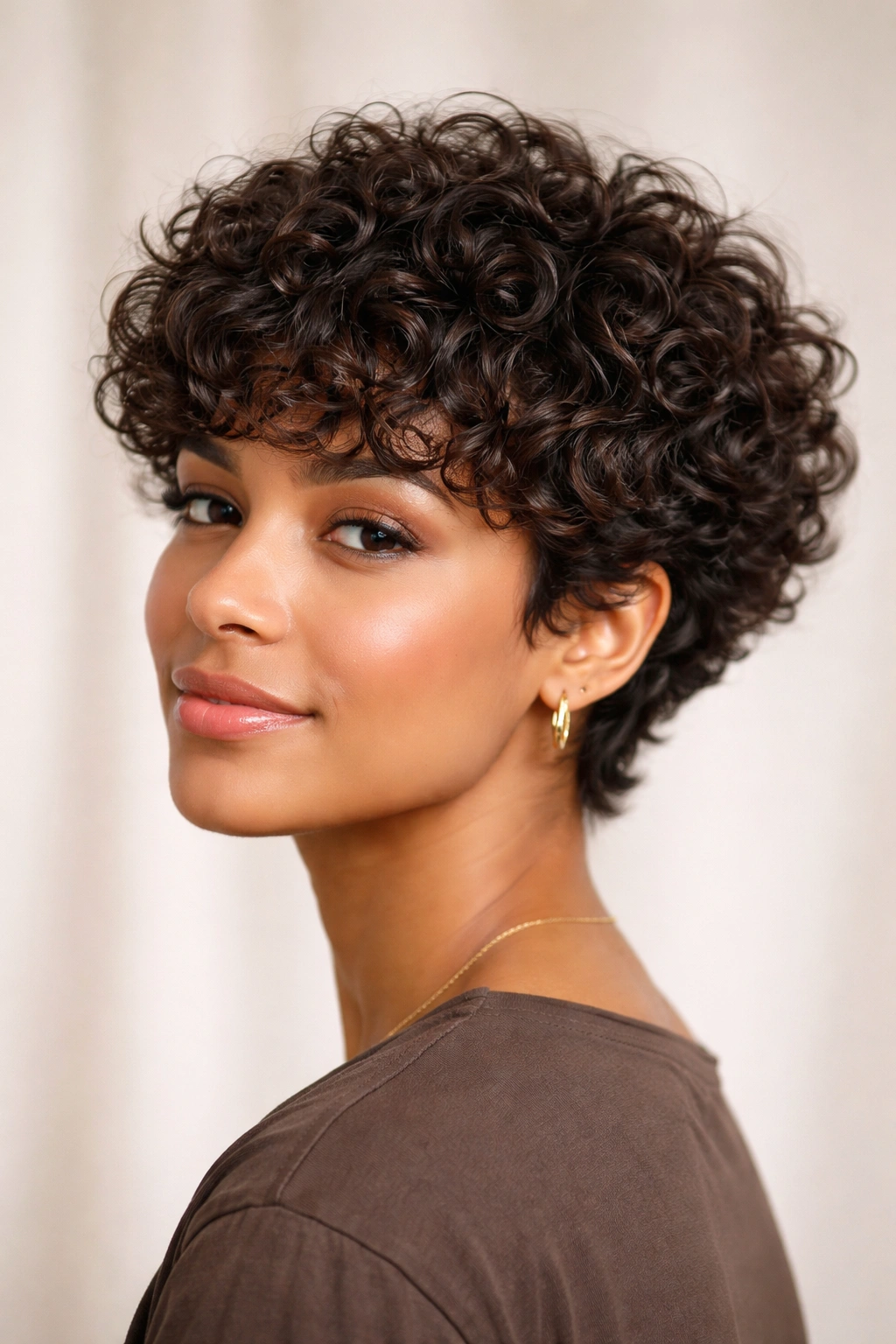Portrait of a layered rounded crop on curly hair with soft silhouette