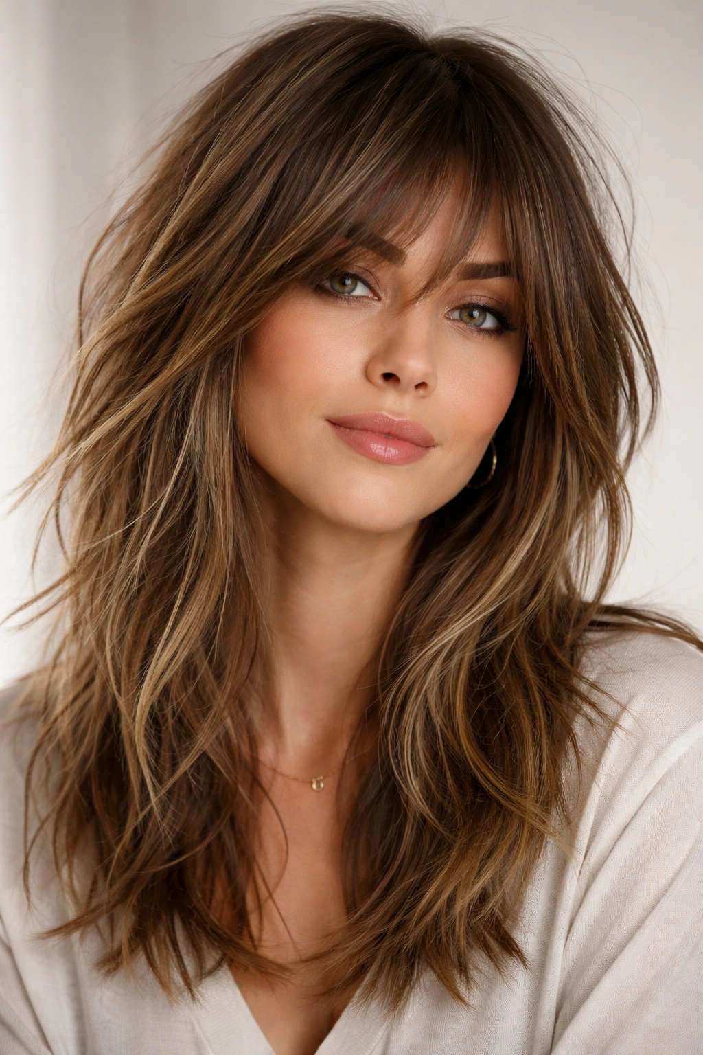 12 Medium Hair Ideas Styled With Long Side Bangs 3 Medium-length layered shag with choppy long bangs showing texture