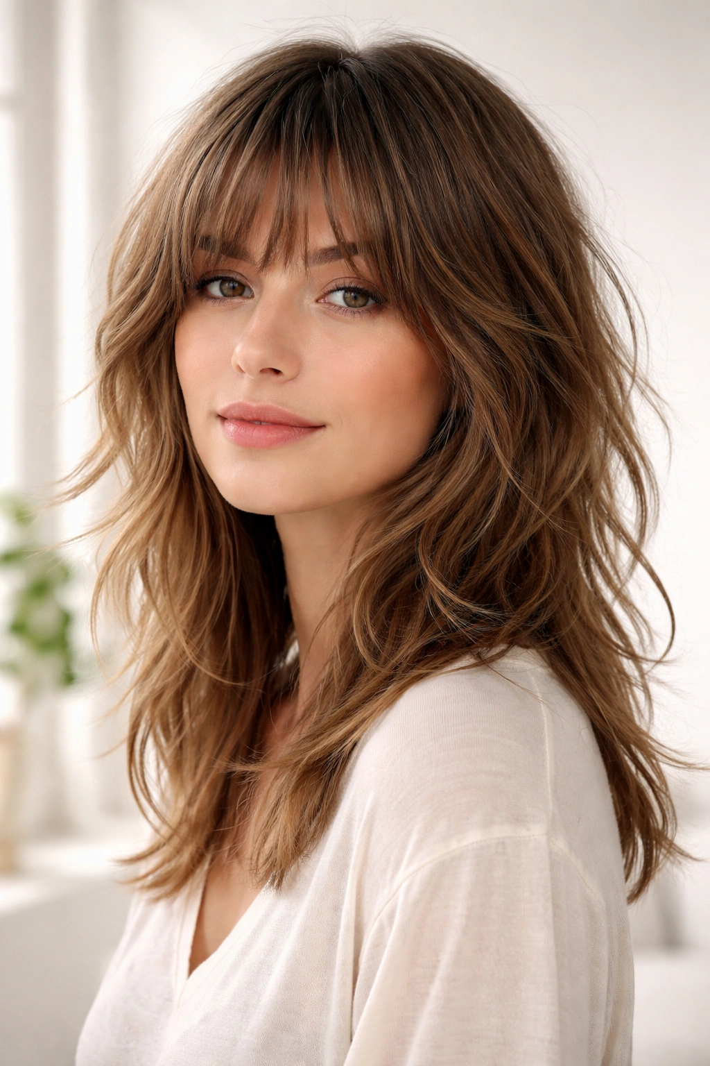 Layered shag with bangs showing textured layers and choppy bangs
