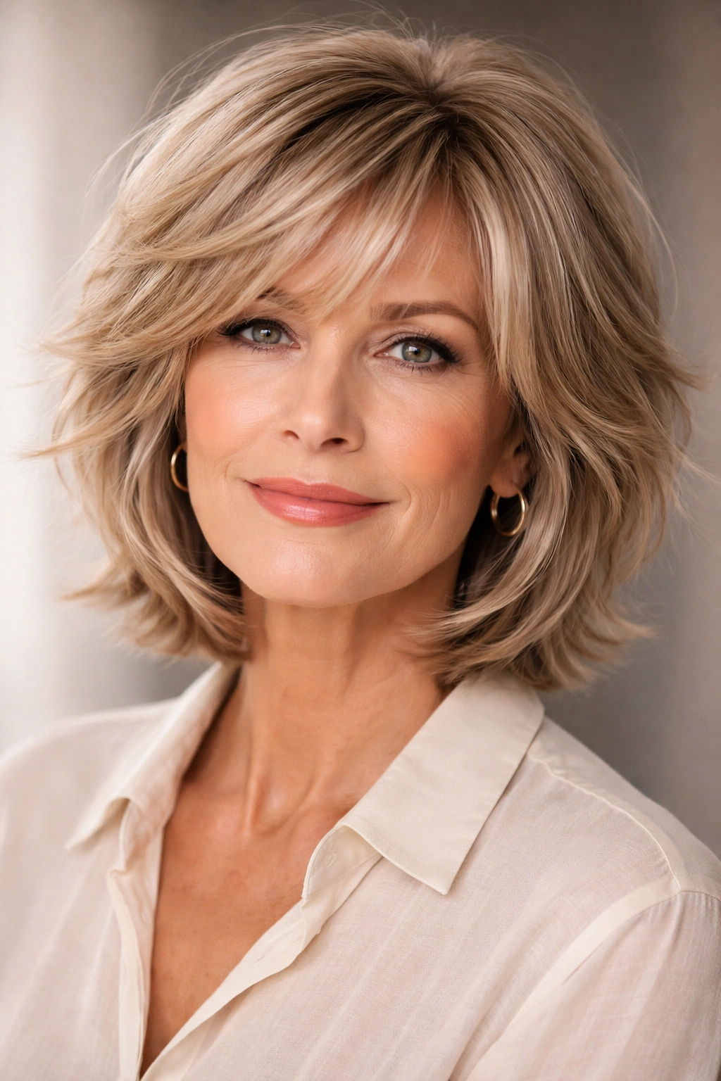 Close-up of a mature woman with layered bob shag highlighting face-framing textures