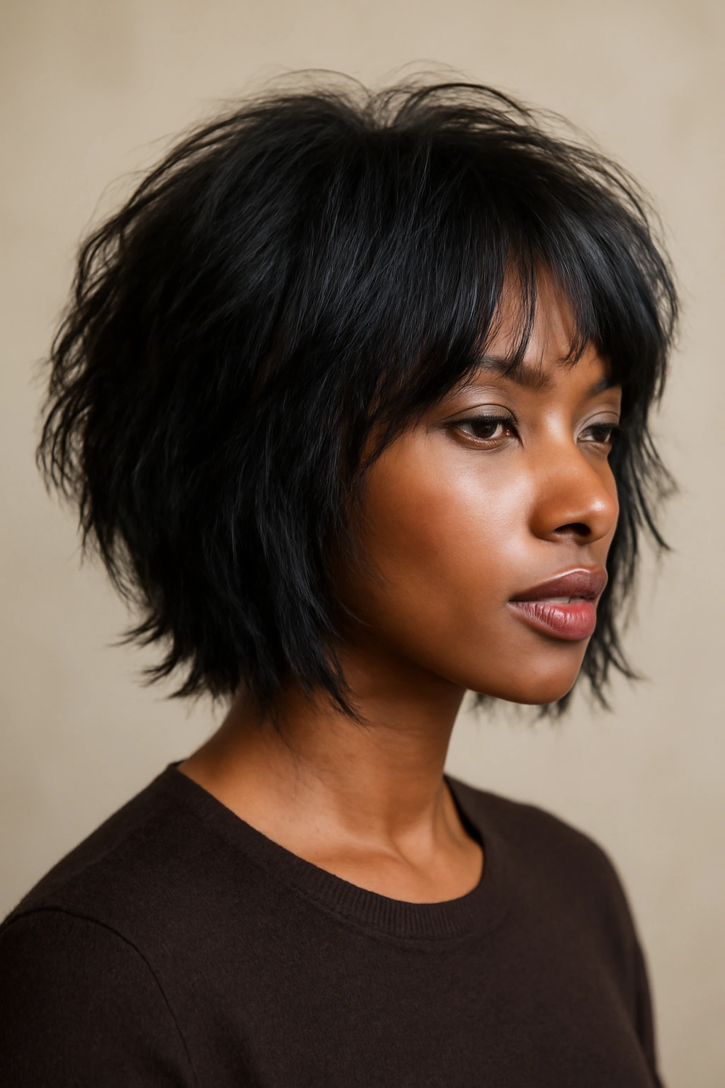 12 Bob Haircuts for Black Women Worth Bookmarking 3 Portrait of a Black woman with a layered shag bob, voluminous crown and textured ends.