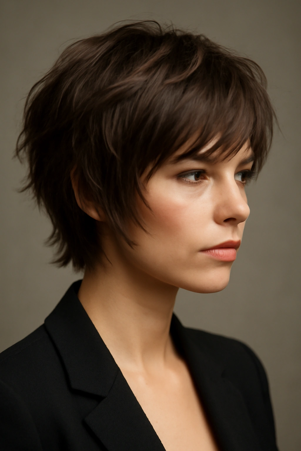 10 Polished Short Hairstyles for Any Formal Event 8 Close-up of a short layered shag hairstyle with defined layers and movement