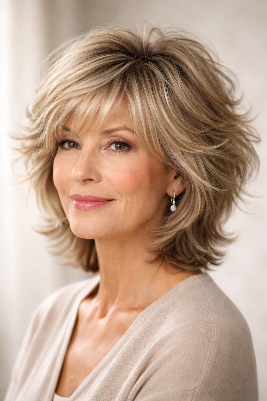 Older woman with layered shag for volume in fine hair