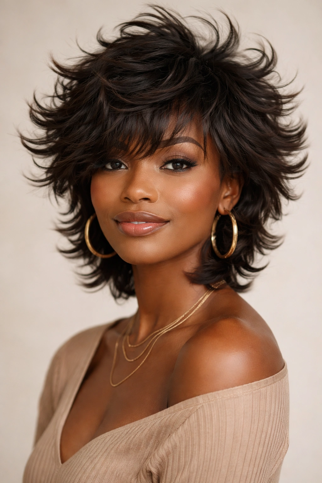 Portrait of a Black woman with a layered shag and tousled flip showing movement.