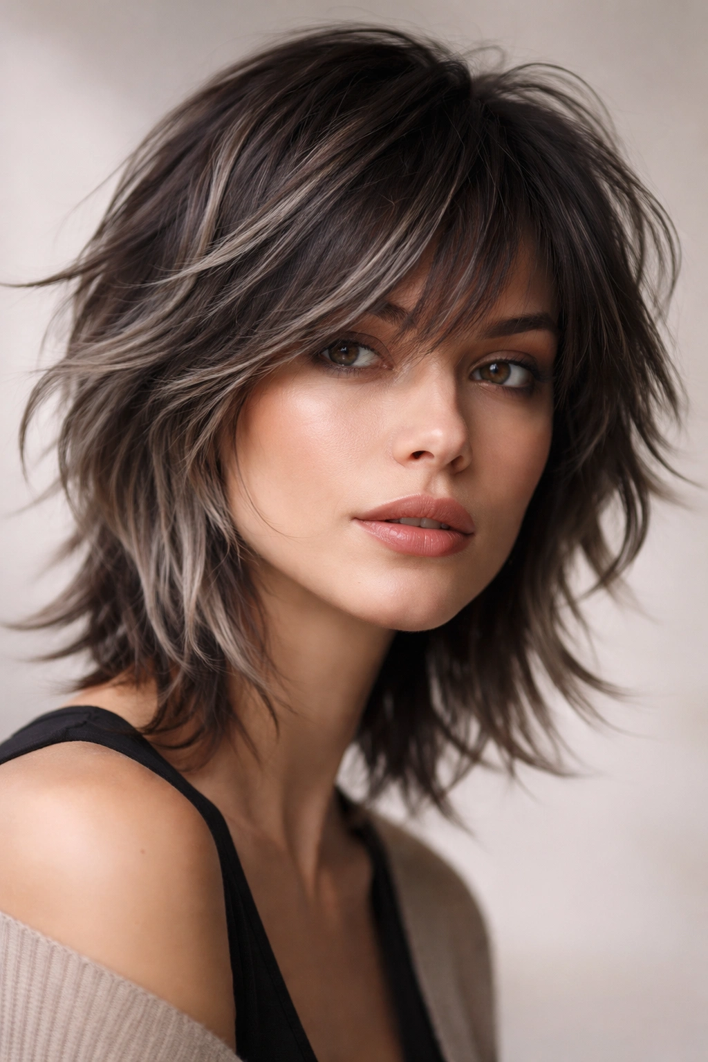 Choppy layered shag with gray highlights showing texture