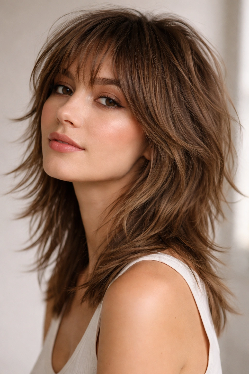 Layered shag hairstyle with choppy layers and airy texture on an oval-face model