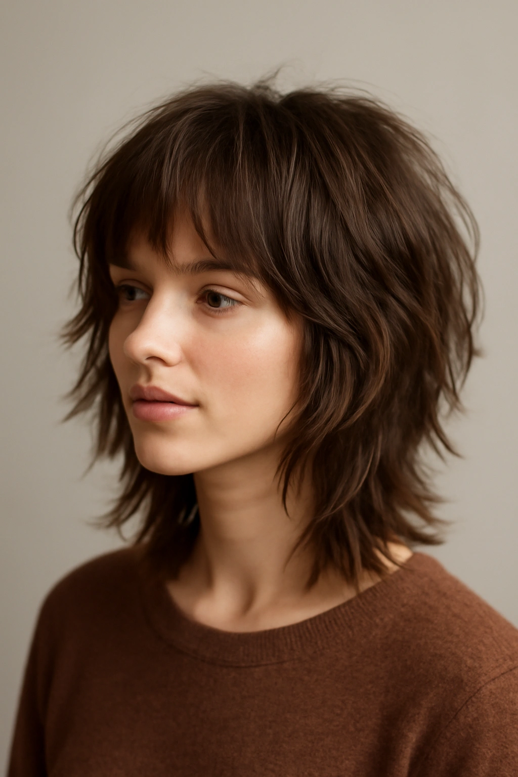 Shoulder-length layered shag hairstyle with choppy layers and movement
