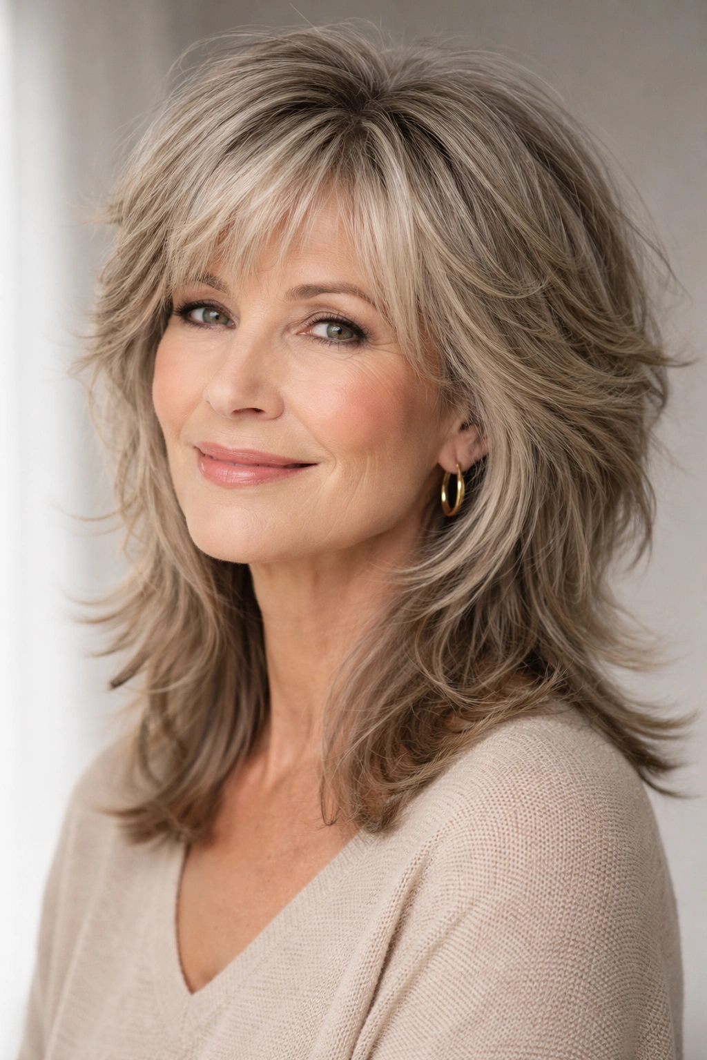 Mature woman with layered shag on a heart-shaped face showing crown texture