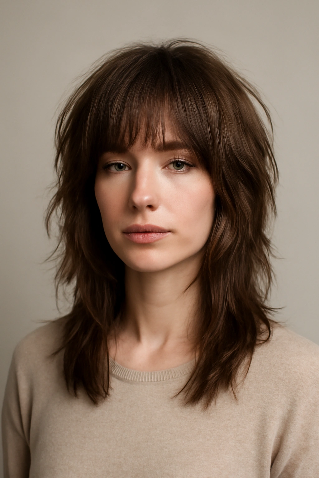 Layered shag with longer length showing fullness and texture