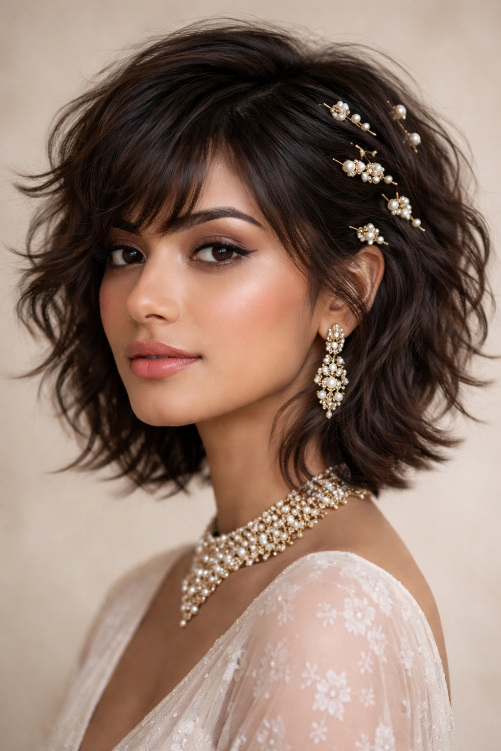 Textured layered shag with pearl hair pins on a bridal look