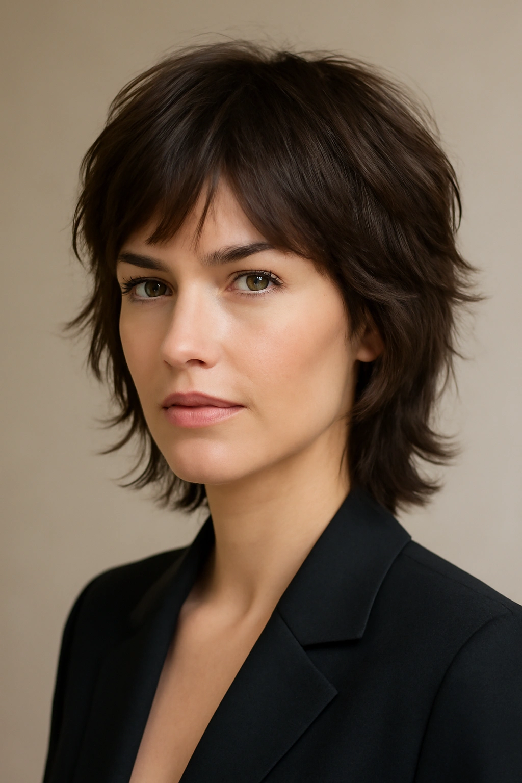 12 Polished Short Hairstyles for Women’s Job Interviews 11 Layered shag with face-framing layers and medium length.