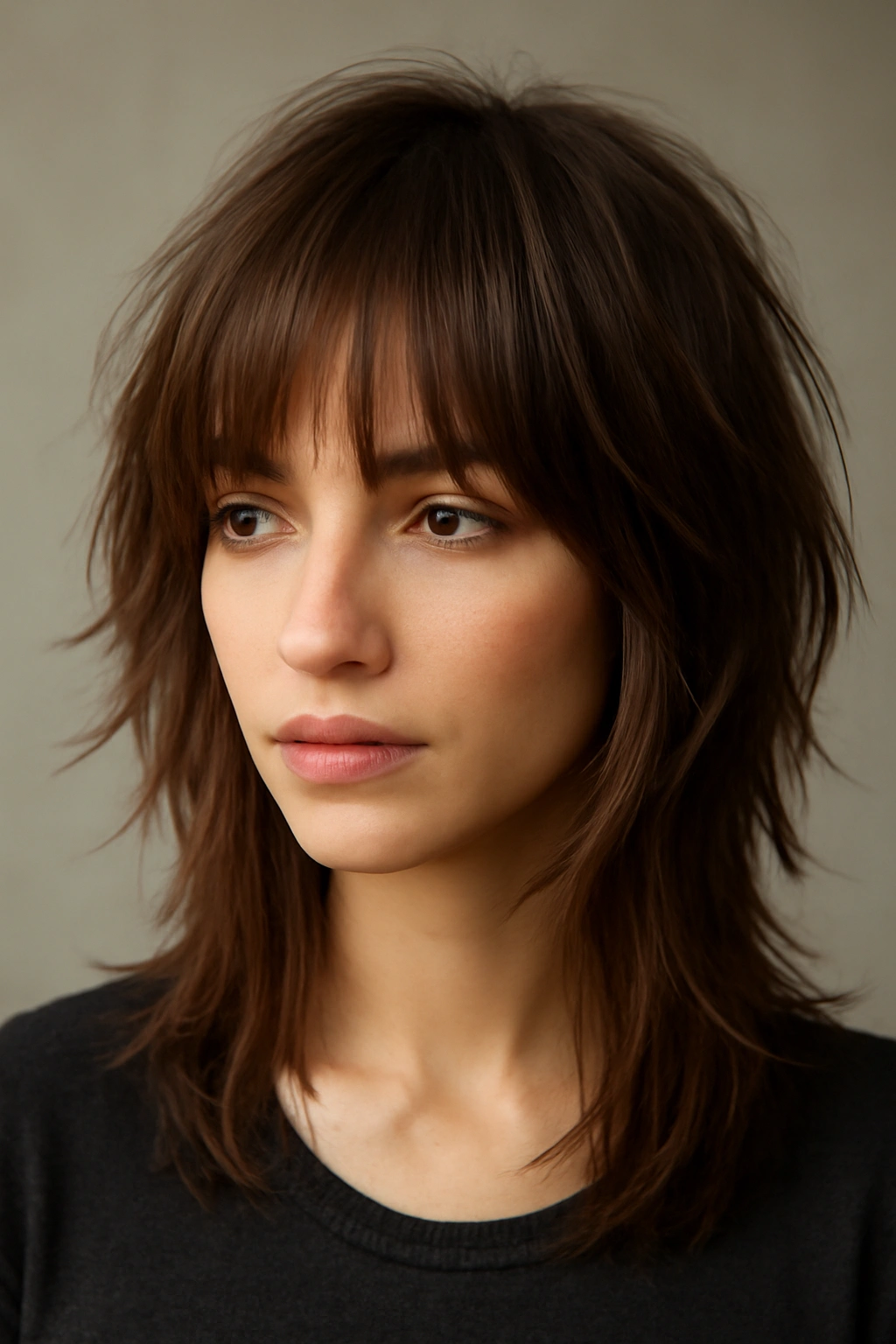 10 Short Hairstyles Straight Out of Anime (But Wearable) 1 Close-up of layered shag hairstyle with long bangs, showcasing texture and volume