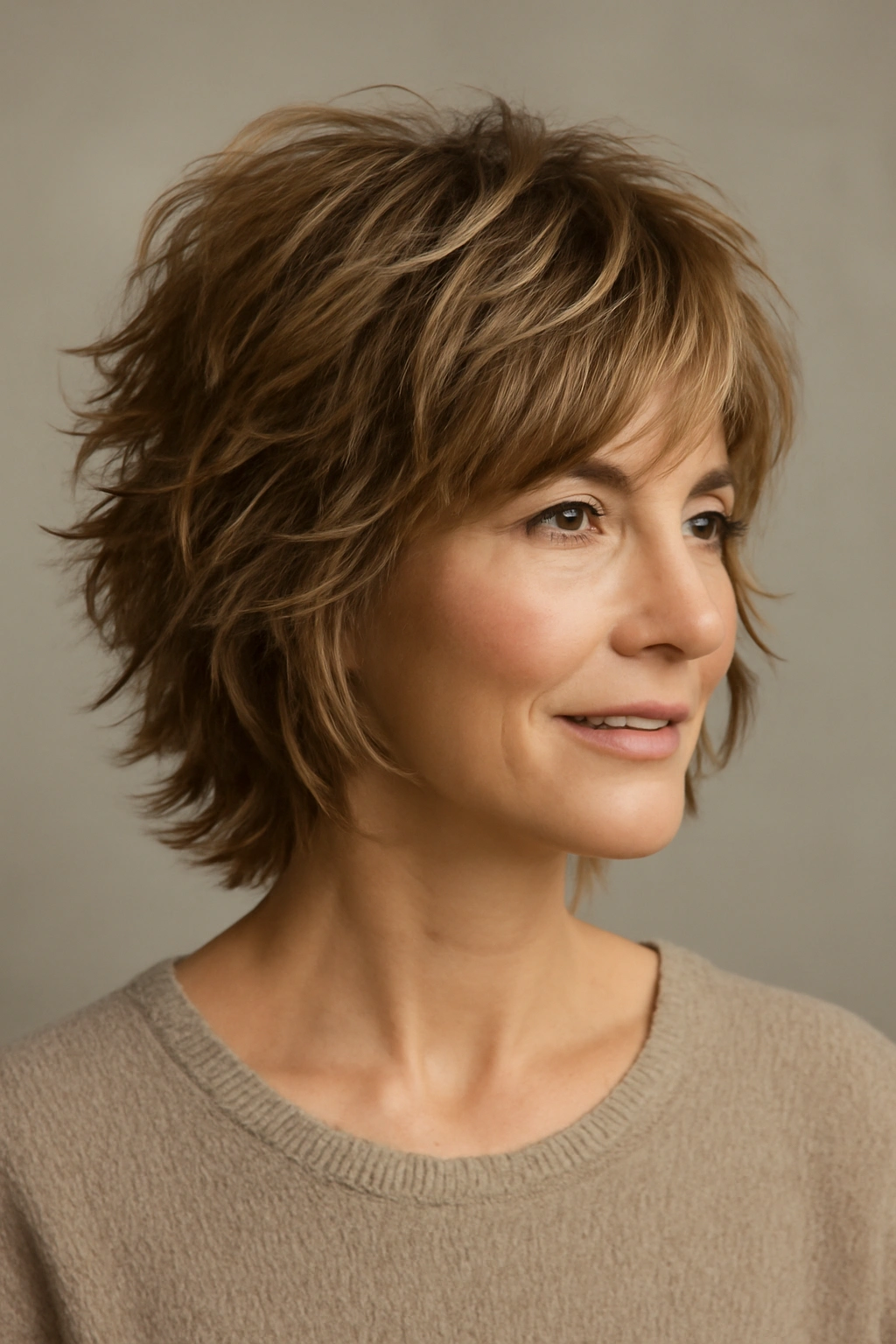 Mother of the Bride? 12 Pretty Short Hair Styles 3 Layered shag hairstyle with texture and natural waves in a studio portrait.