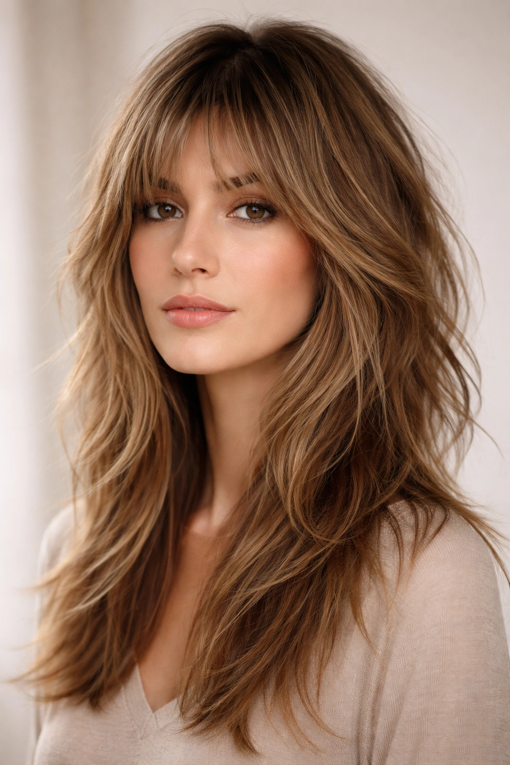Layered shag hairstyle with crown volume and textured ends.