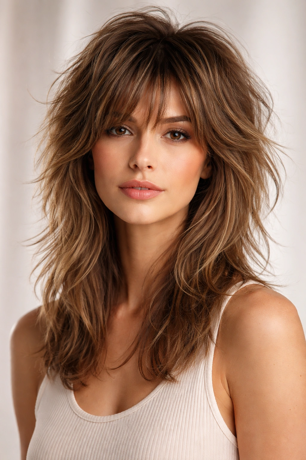 Layered shag hairstyle with tousled texture and crown volume