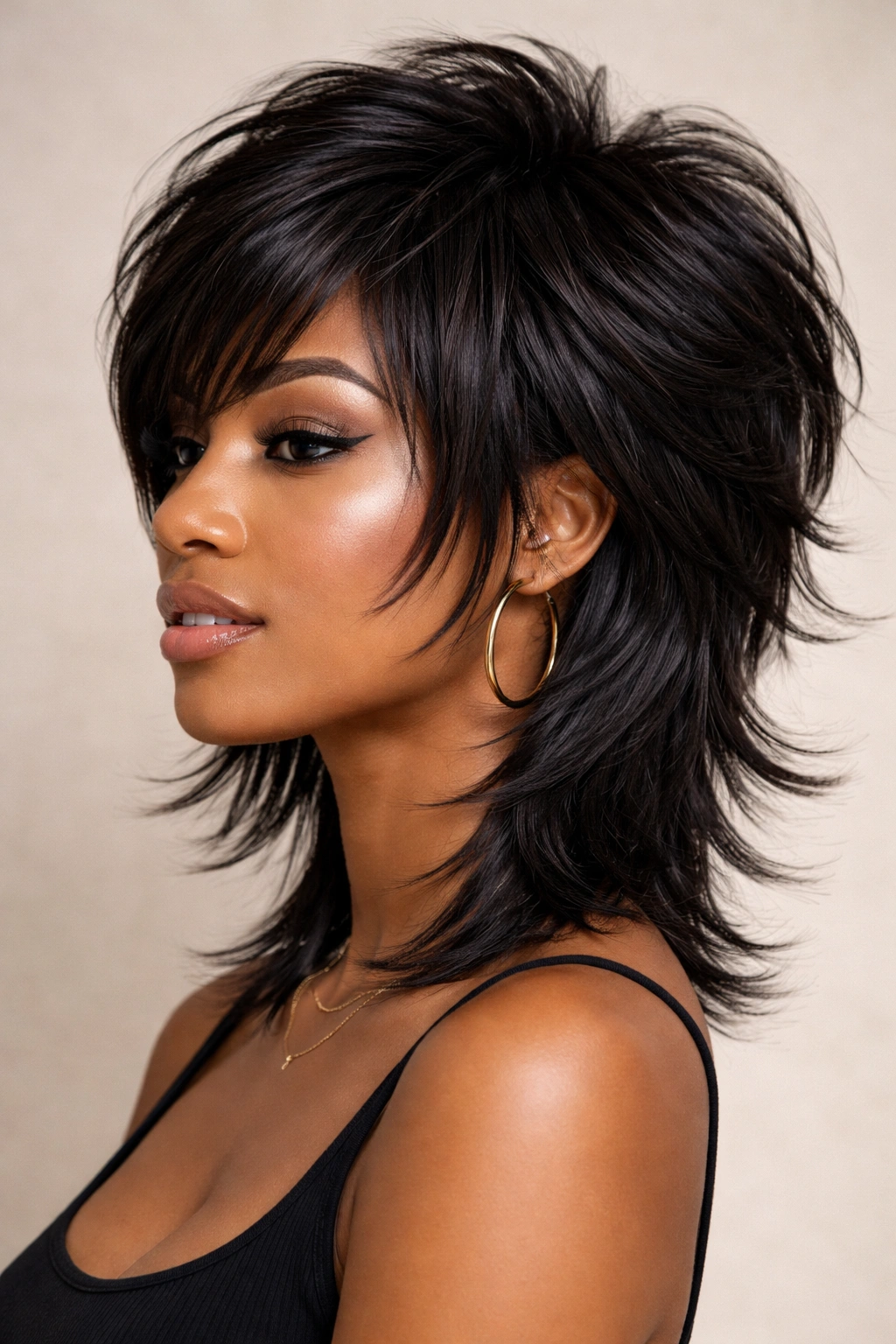 Layered shag weave with crown layers and face-framing pieces