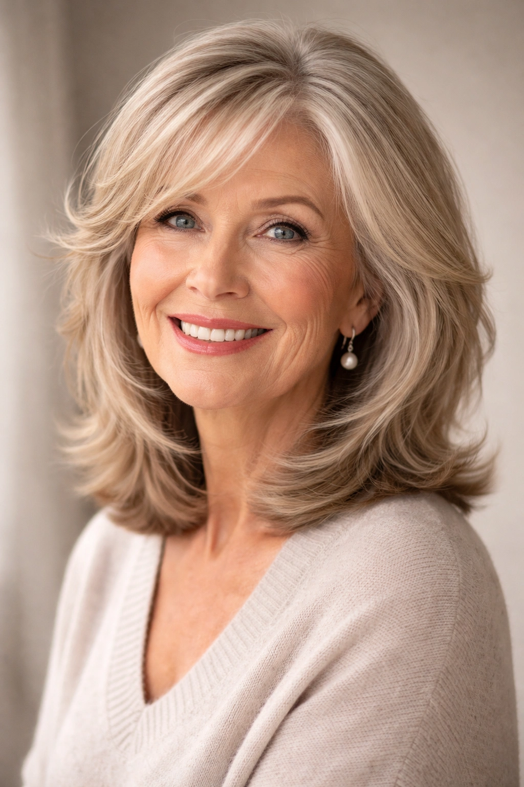 Senior woman with layered shoulder-length haircut.