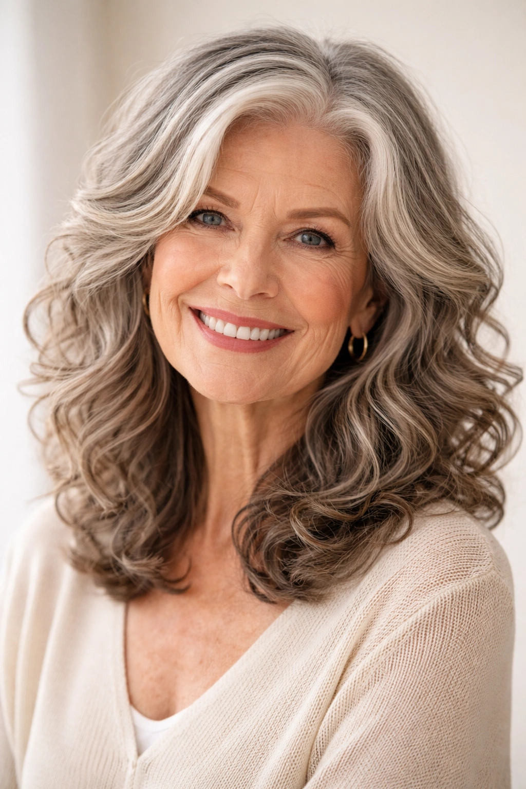 Mature woman with layered shoulder-length waves