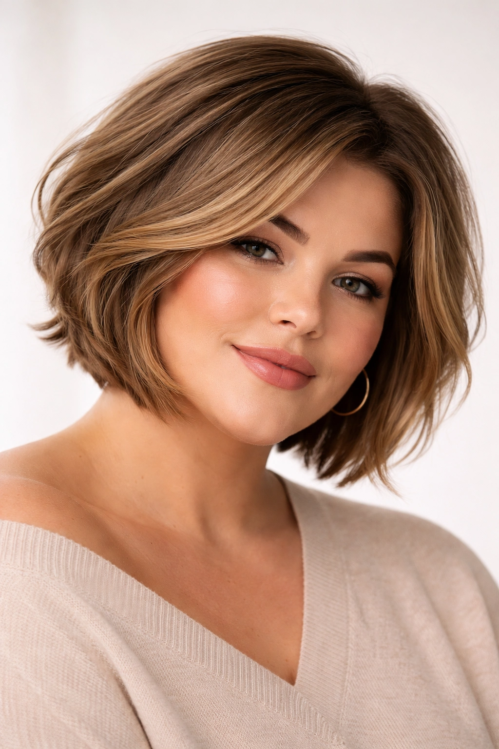 Close-up portrait of a plus-size model with chin-length layered textured bob showing movement and fullness