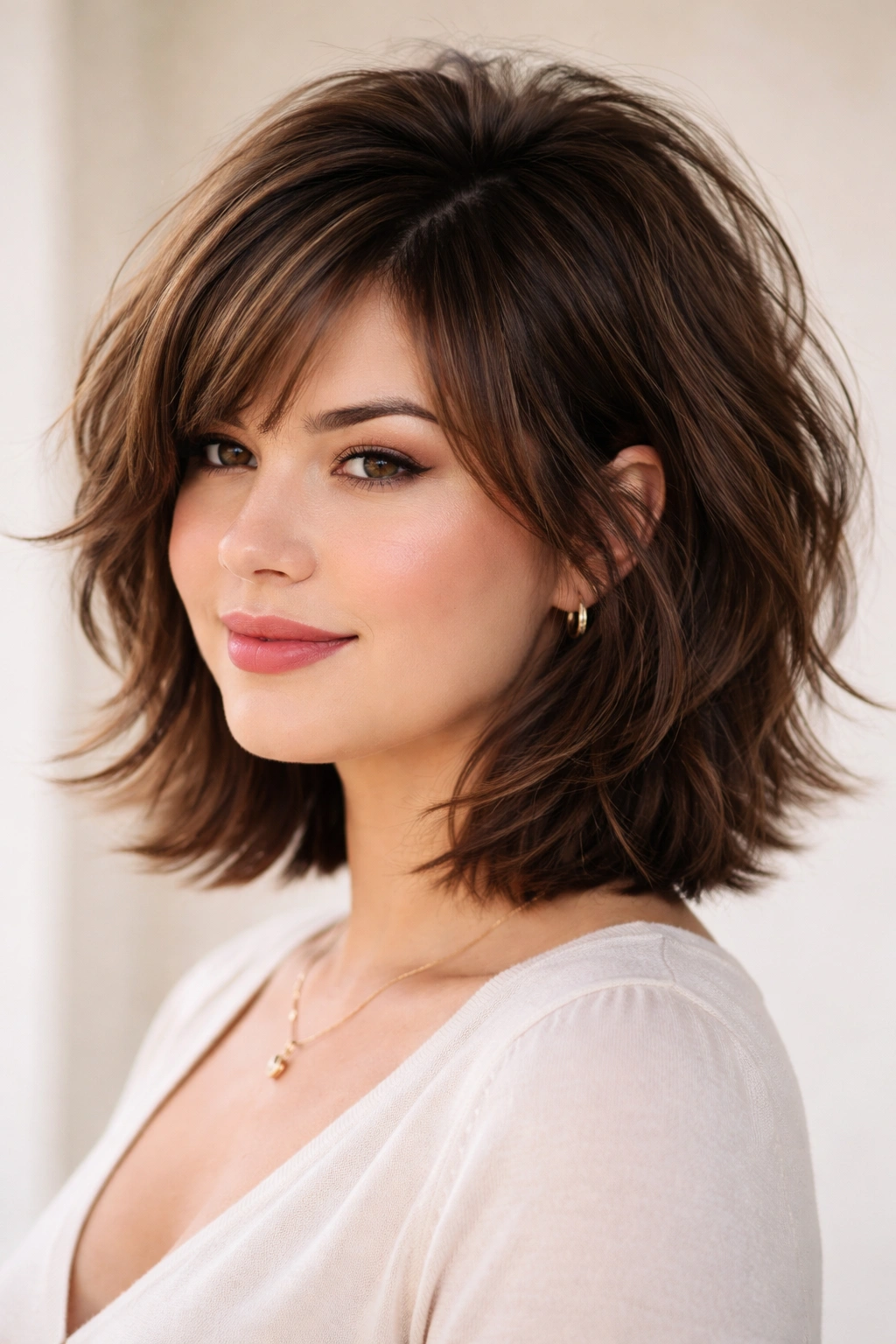 25 Bob Cuts Matched To Your Face Shape And Hair 2 Round-faced model with layered textured bob showing crown height