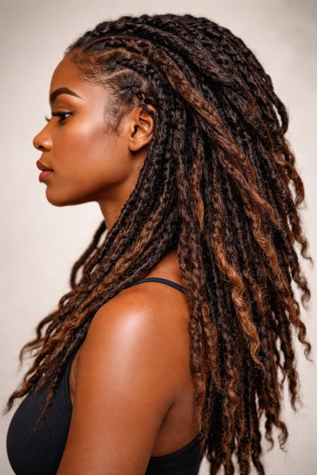 Layered textured locs showing roots, mid-length texture, and tips