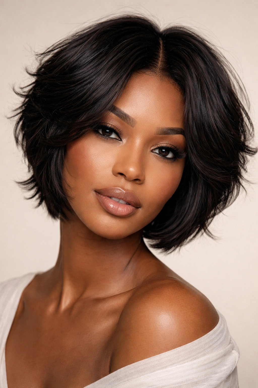 Close-up of a layered short cut with a textured middle section