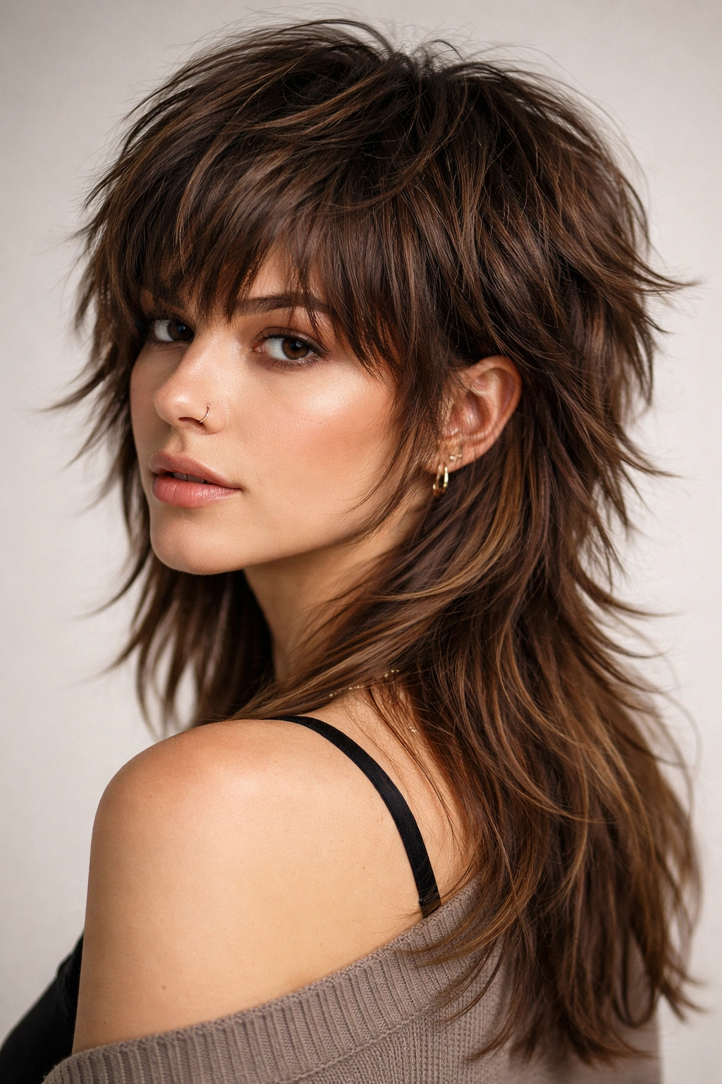 Three-quarter view of layered mullet-shag hybrid with crown texture