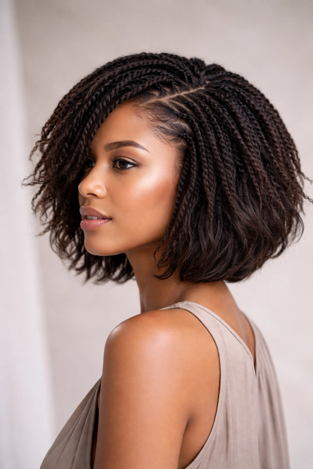 15 Short Twist Styles For Every Natural Hair Texture 13 Close-up of a short layered twist bob showing crown twists and brushed-out layers