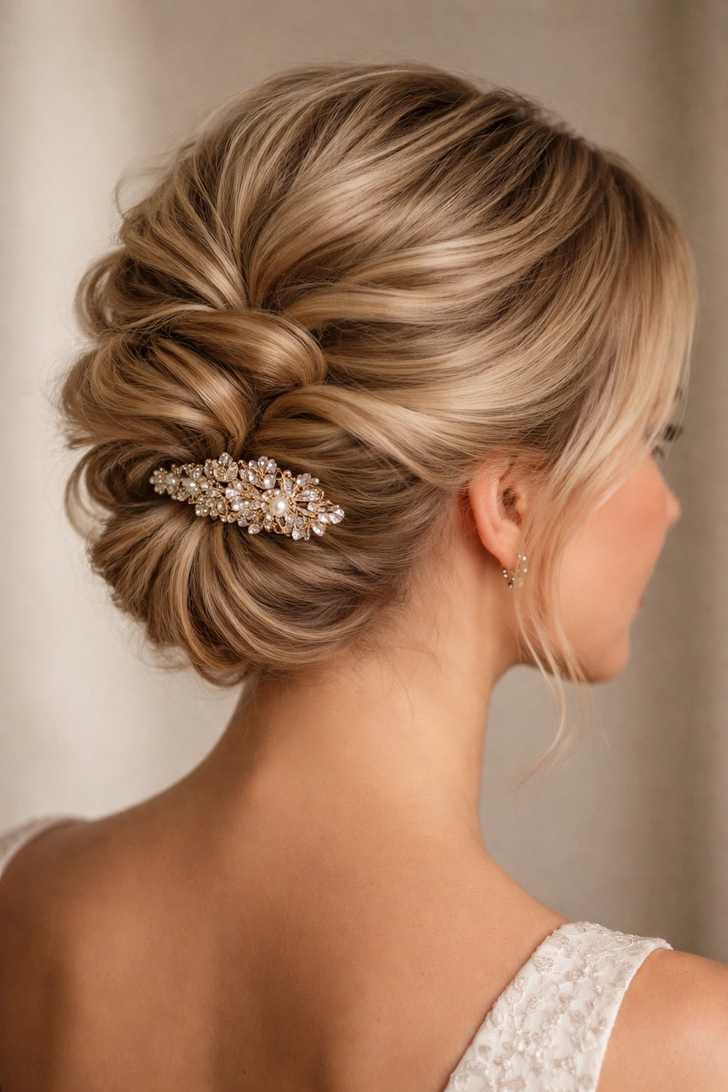 Layered updo on short hair with a decorative clip at the base