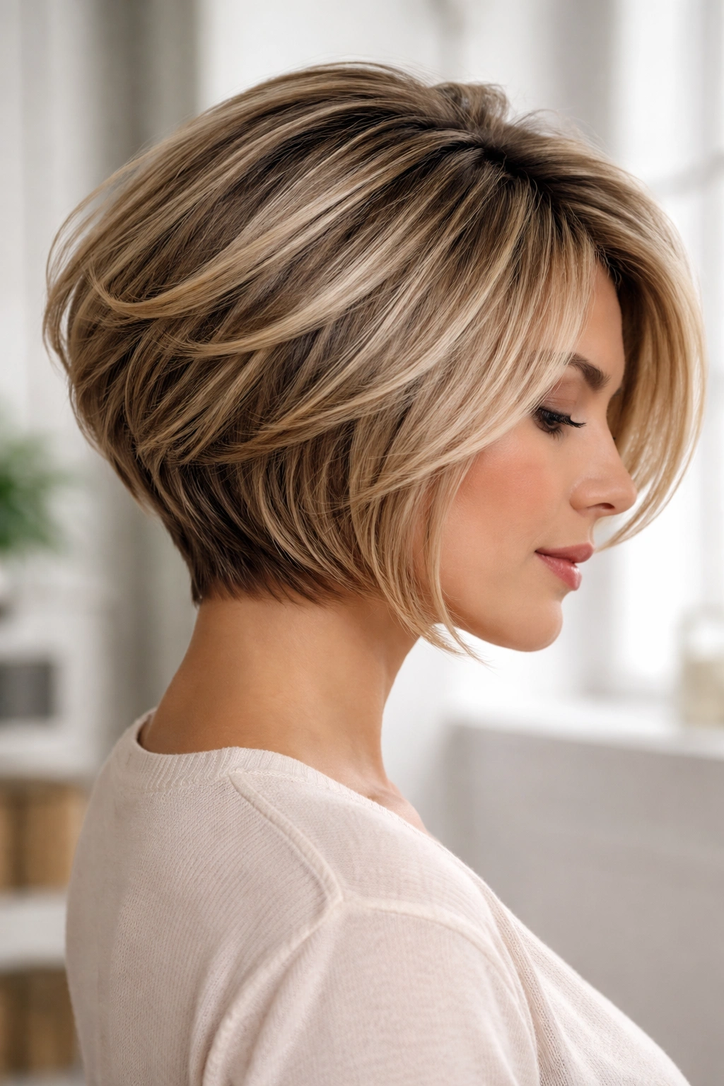Layered volume stacked bob with multiple levels and lift at the back for fullness.
