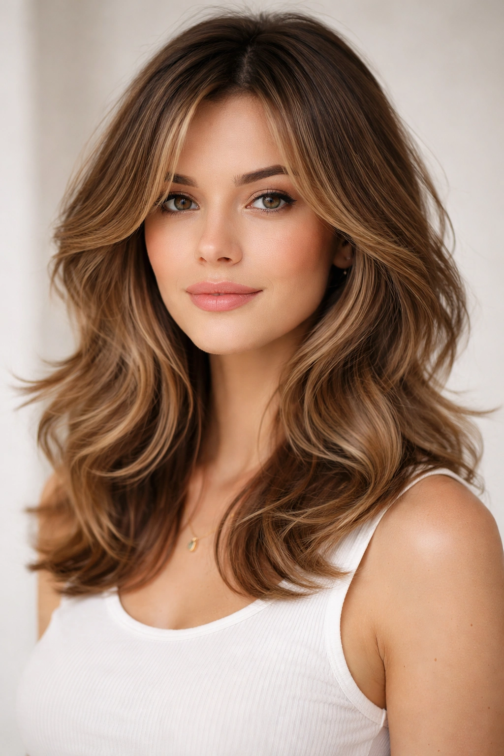 Layered waves hairstyle with shoulder-length layers framing the face