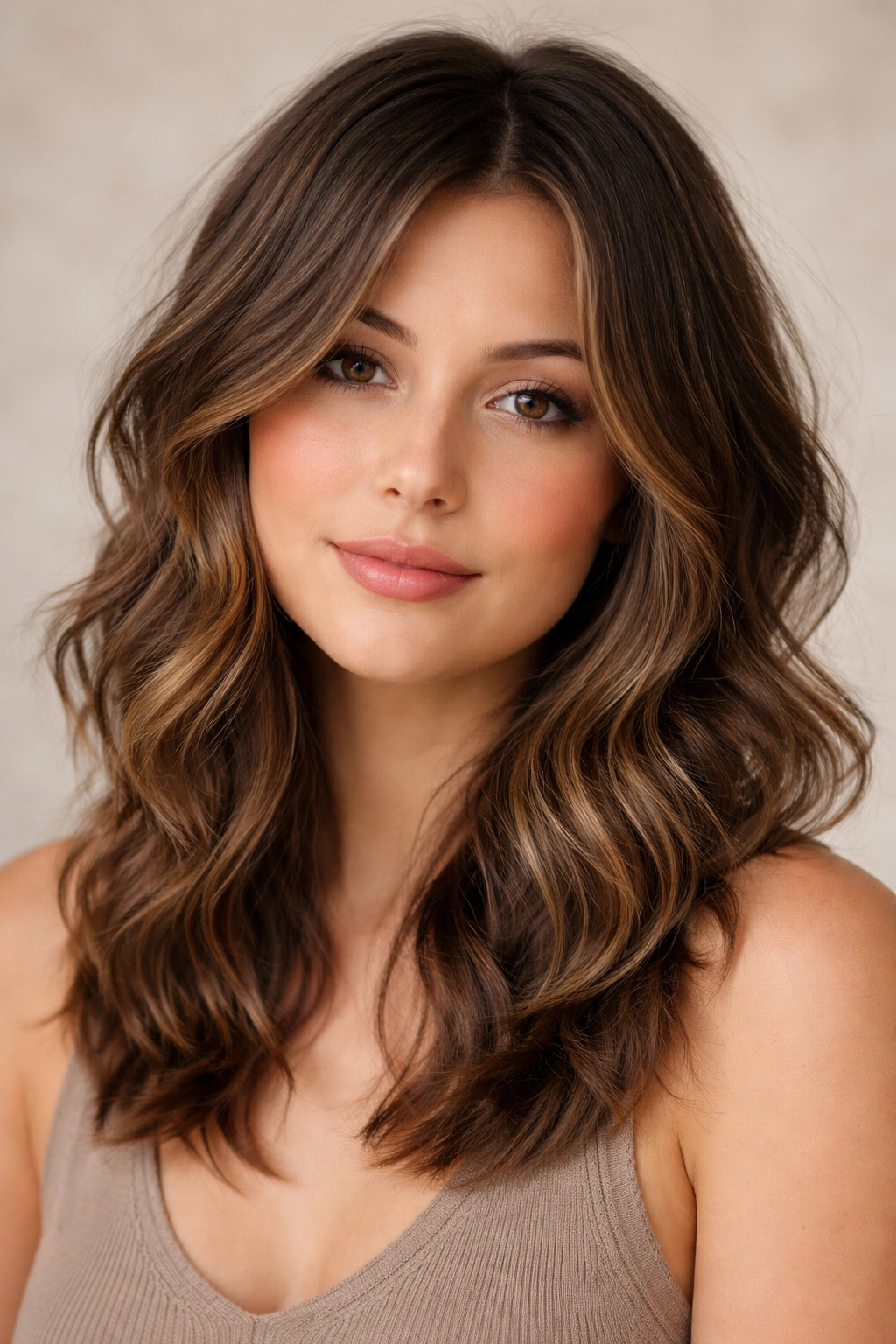 Close-up of layered wavy hair with textured waves