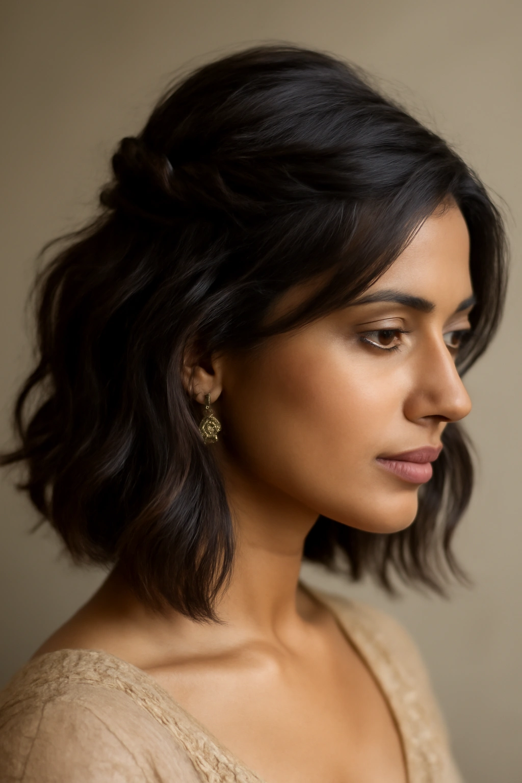 10 Beautiful Short Hairstyles for Indian Weddings 3 Layered waves with a half-up twist on short hair