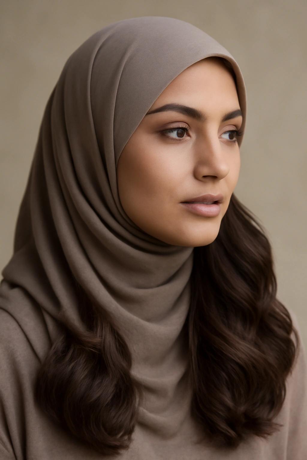 12 Beautiful Hairstyles for Arab Women to Try 1 Close-up of layered, wavy hair styled for hijab with soft texture and volume