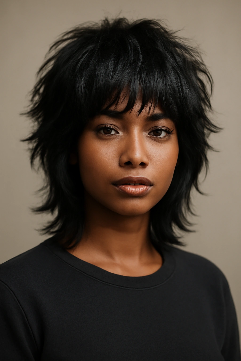 10 Short Sew In Styles Black Women Should Try Now 9 Portrait of a person with a layered wolf cut showing choppy layers and voluminous texture