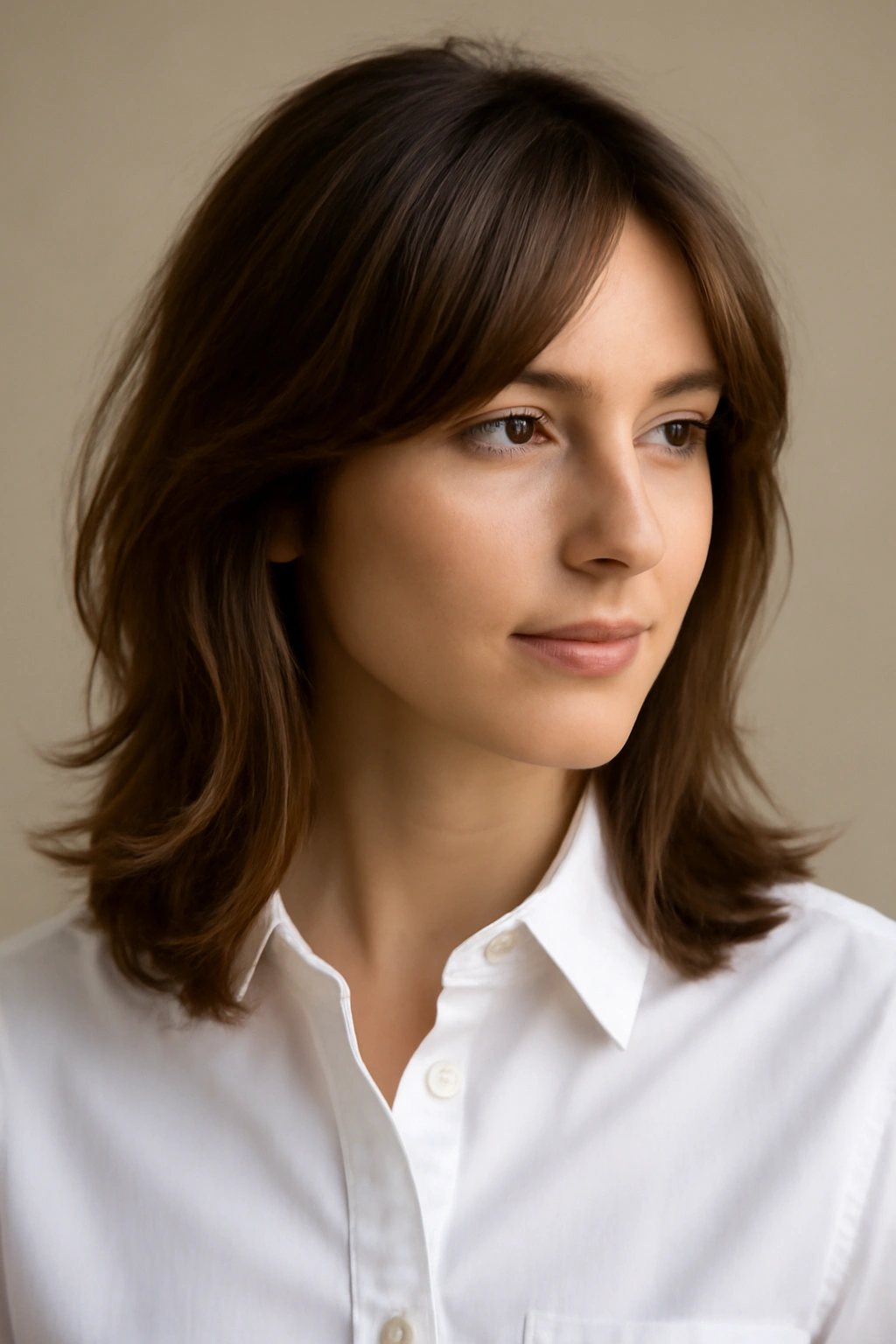 10 Hairstyles That Go With A Button Down Shirt 8 Face-framing layered hairstyle with soft texture and light catch.