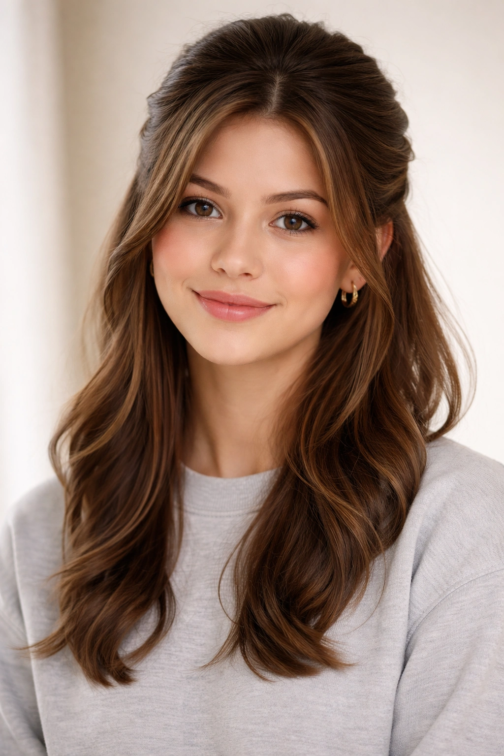 Headshot of layered hair styled in a simple half-up twist for school-week versatility