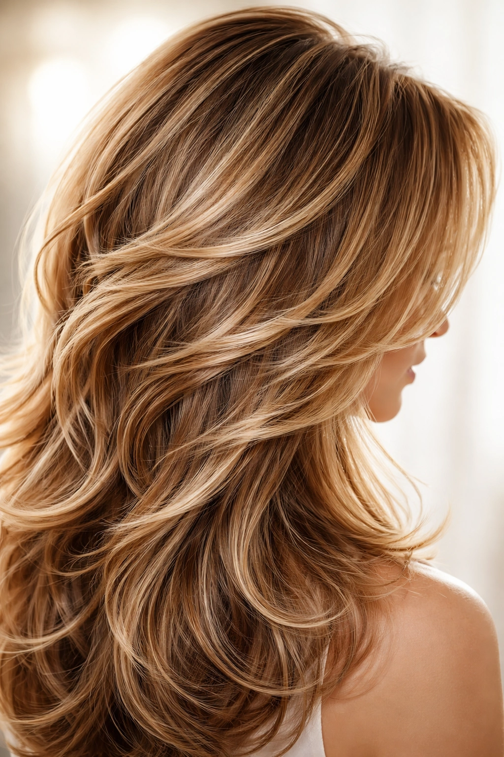 Close-up of layered hair with crown lift and mid-length movement