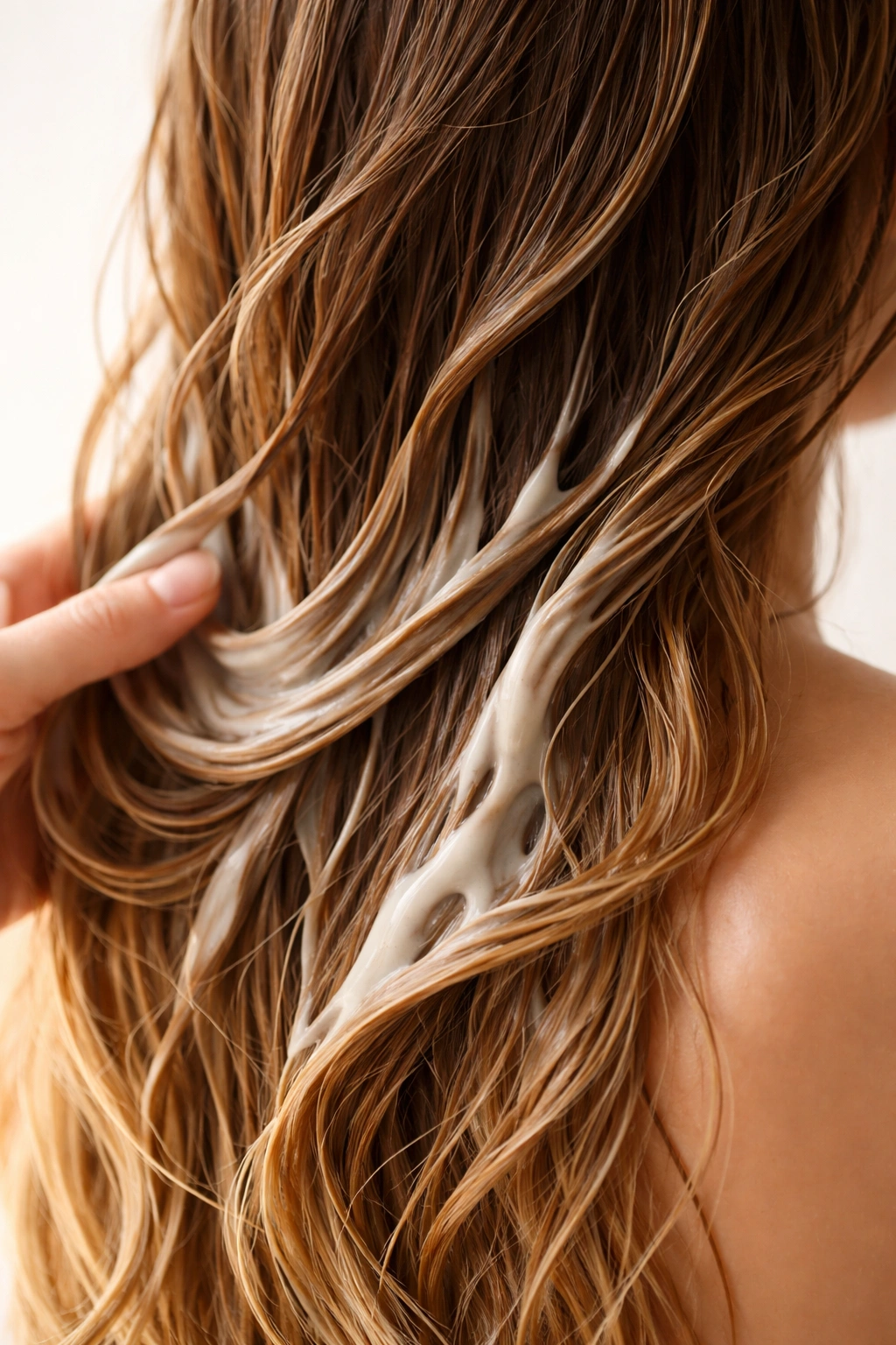 Close-up of damp hair showing leave-in conditioner coating mid-lengths to ends