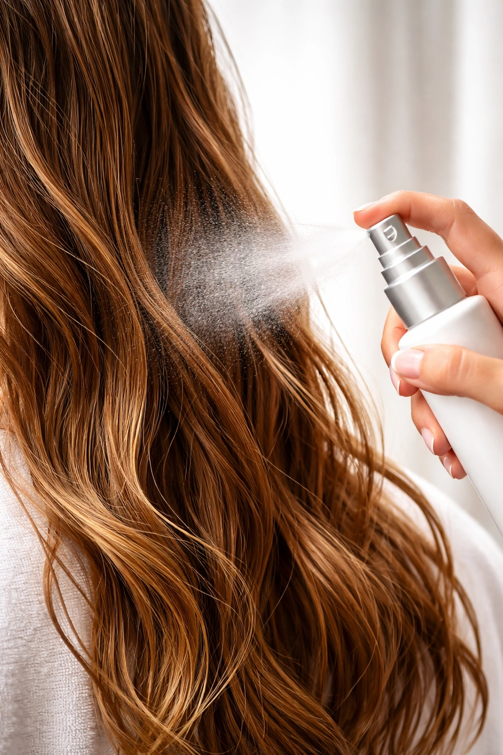 Spray bottle applying leave-in conditioner to damp hair