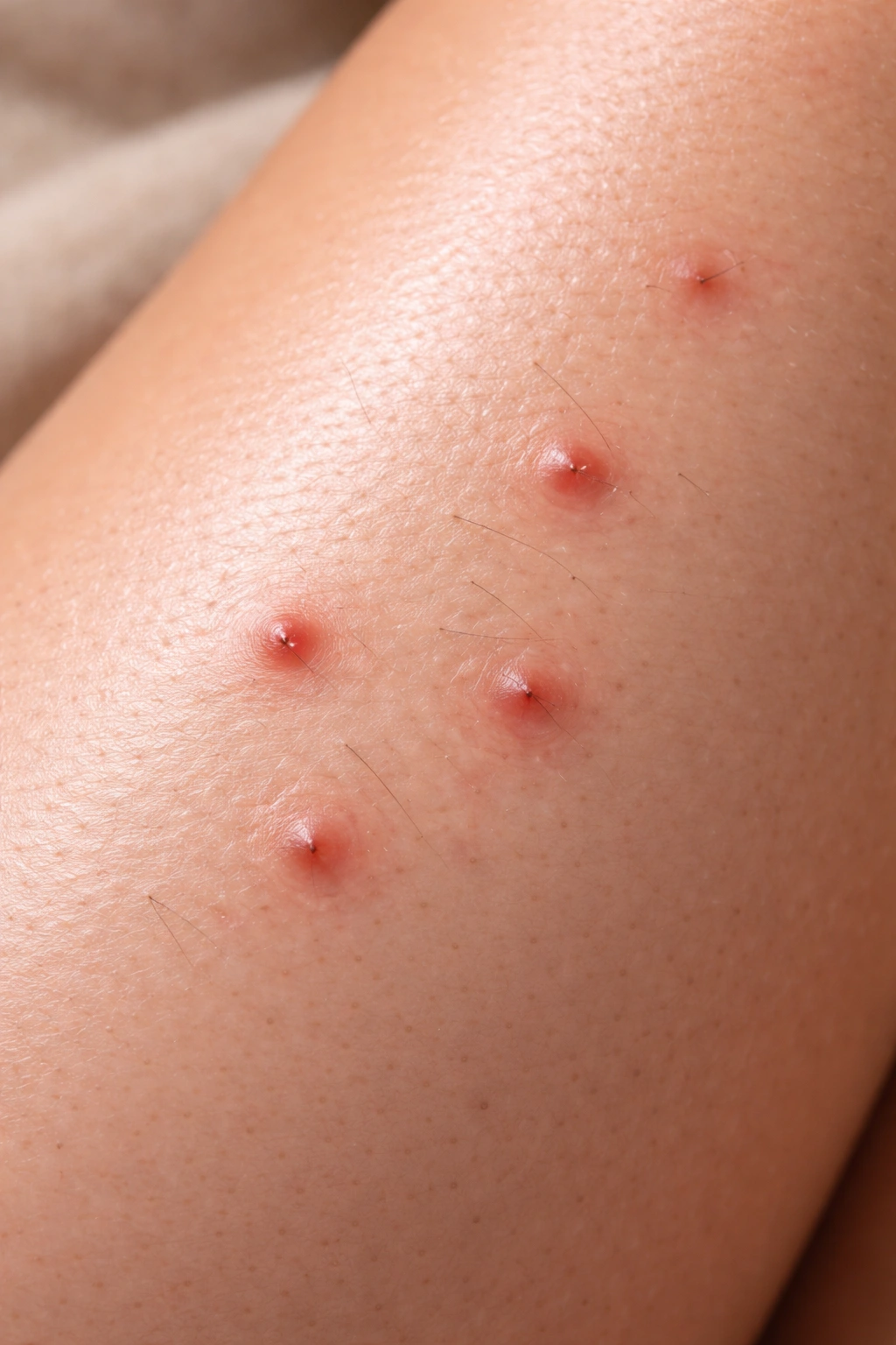 Close-up of leg skin with ingrown hair bumps after shaving