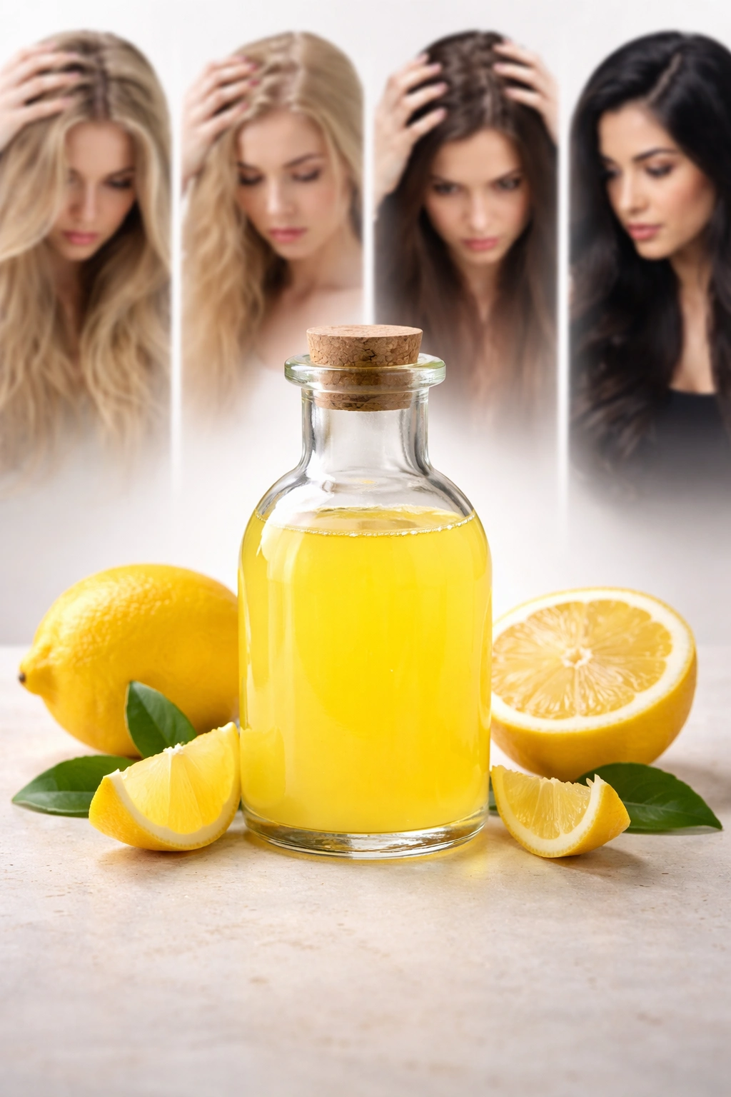 Clear glass bottle of lemon juice on neutral background