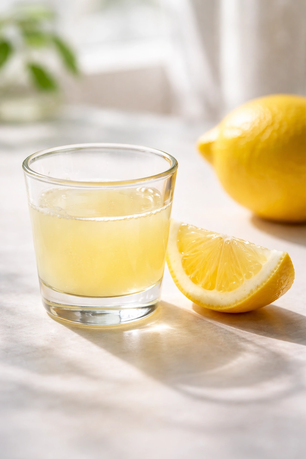 Glass of lemon juice with lemon wedge on clean surface