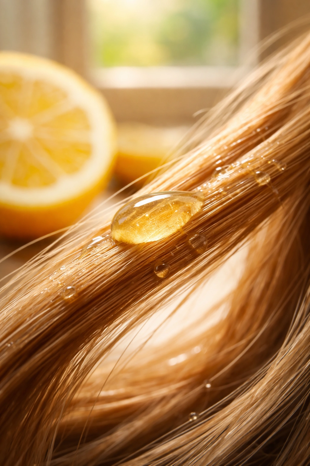 Close-up hair strand with lemon juice droplet on it