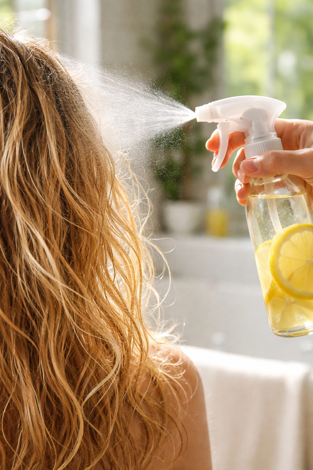Spray bottle applying lemon juice mist to damp hair in bright bathroom