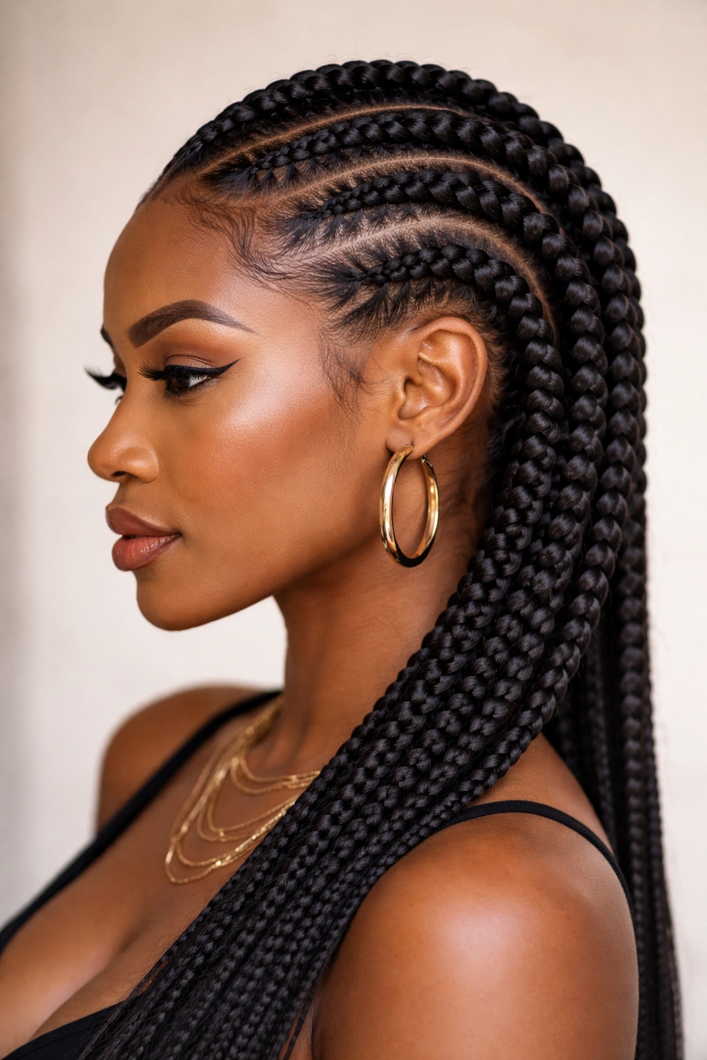 Side profile of lemonade braids curving from temples toward back forming a crown