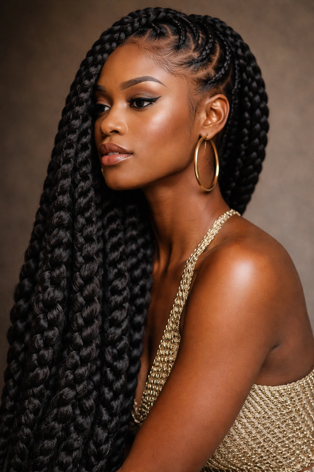 Portrait of a Black woman with lemonade braids and extensions.